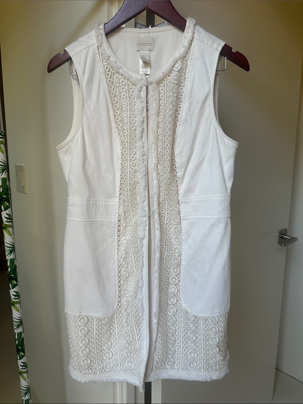 Chico's Ivory Textured Sleeveless Dress with Lace Front Panel